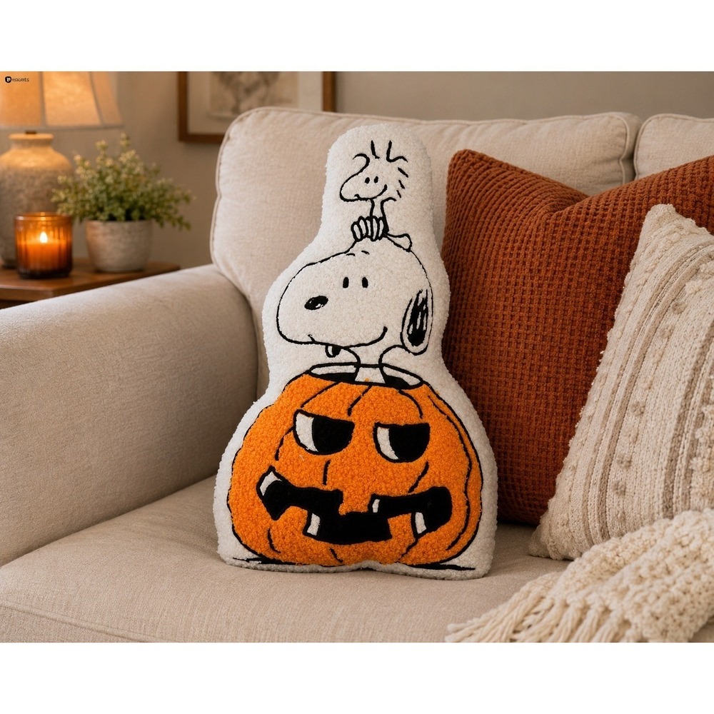 Peanuts New 11x15 Snoopy Pumpkin Decorative Throw Pillow Chenille Boucle Ivory